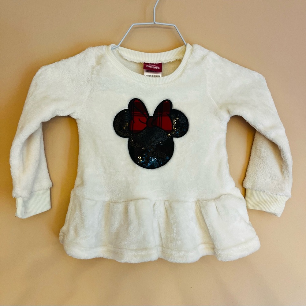 Disney White Fleece Kids Sweater with Minnie Mouse Design, Sequins, Girls top